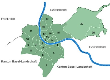 Übersichtskarte der Gemeinden und Quartiere von Basel