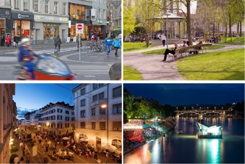 Vier Impressionen der Basler Innenstadt: Verkehrsberuhigung, Boulevard Rheingasse, Elisabethenanlage und Flossfestival im Fluss
